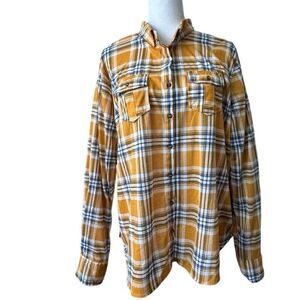 Eden & Olivia Womens Plaid Button Down Flannel Shirt Yellow Gray Button Tab XL